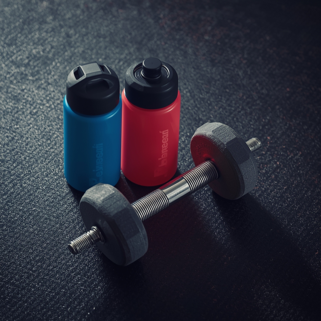 Dumbbells and water bottle on a gym floor, high quality texture, cinematic lighting, conceptual health and fitness, no people